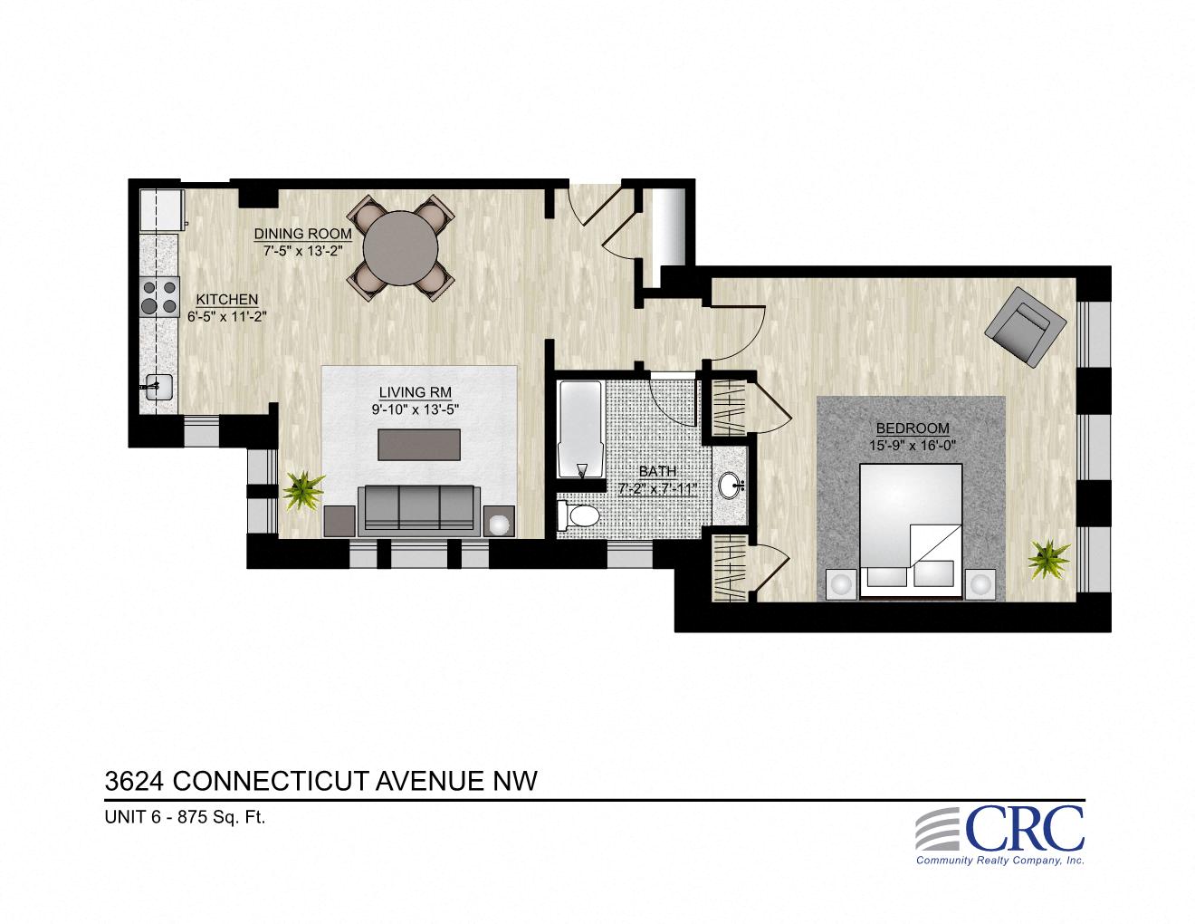 Floor plan for 1 bed, 1 bath, 875 sqft